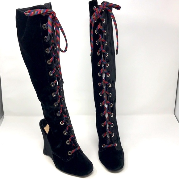 Prada Black Lace Up Velvet Runway Boots NIB - Picture 1 of 8